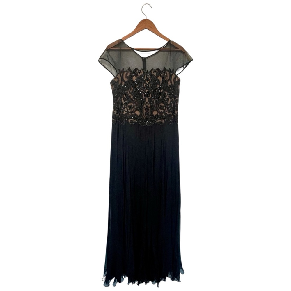 Tadashi Shoji Silk Beaded Illusion Neck Black Dress